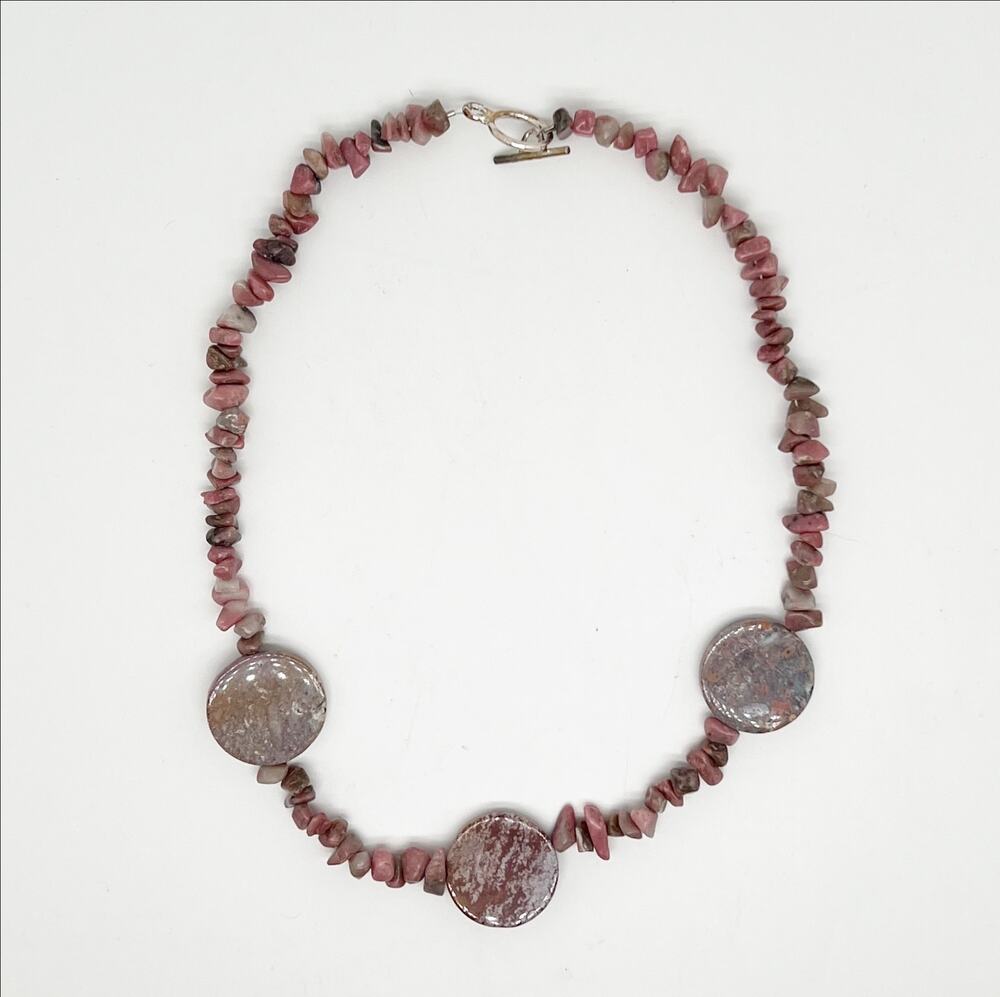 Handmade Pink & Brown Chip Bead Necklace with Medallion Pendants Hand Crafted